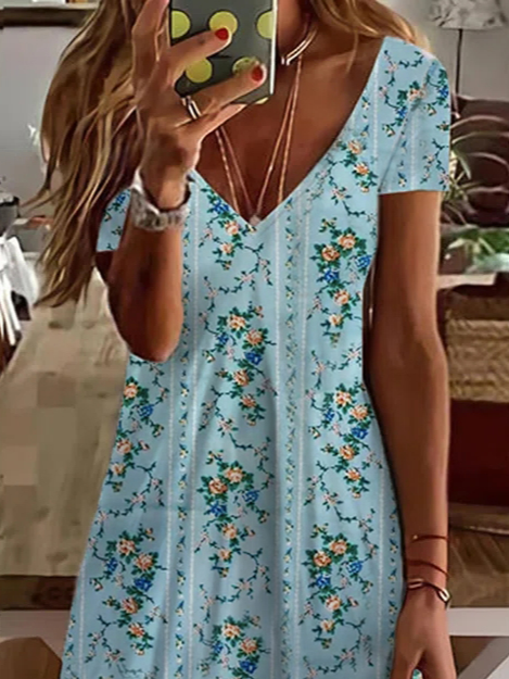 Casual Loose Floral V Neck Dress