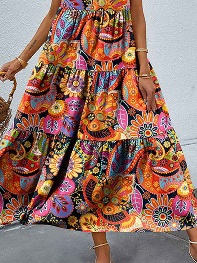 Loose Floral Casual V Neck Dress