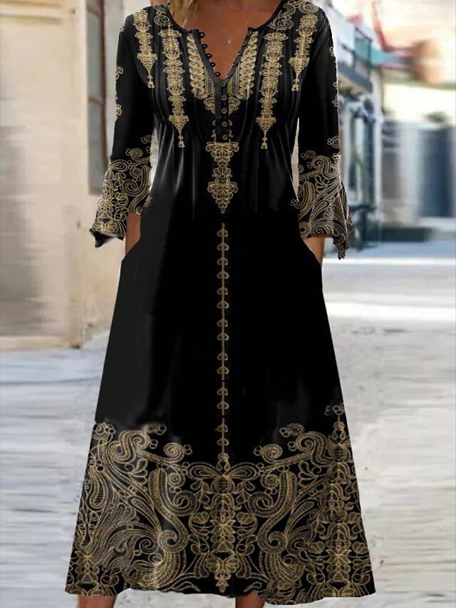 Vintage V Neck Ethnic Dress