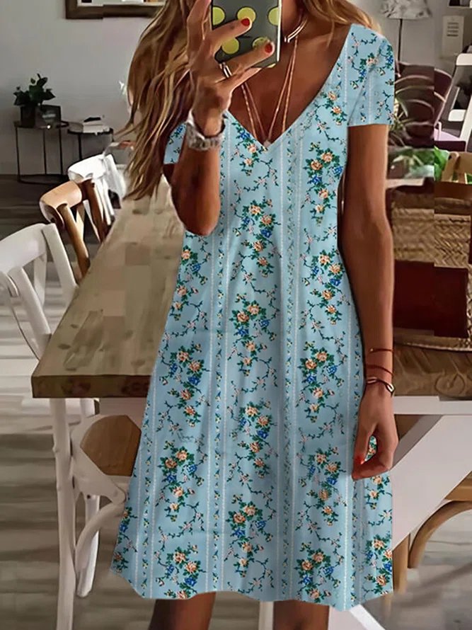 Casual Loose Floral V Neck Dress