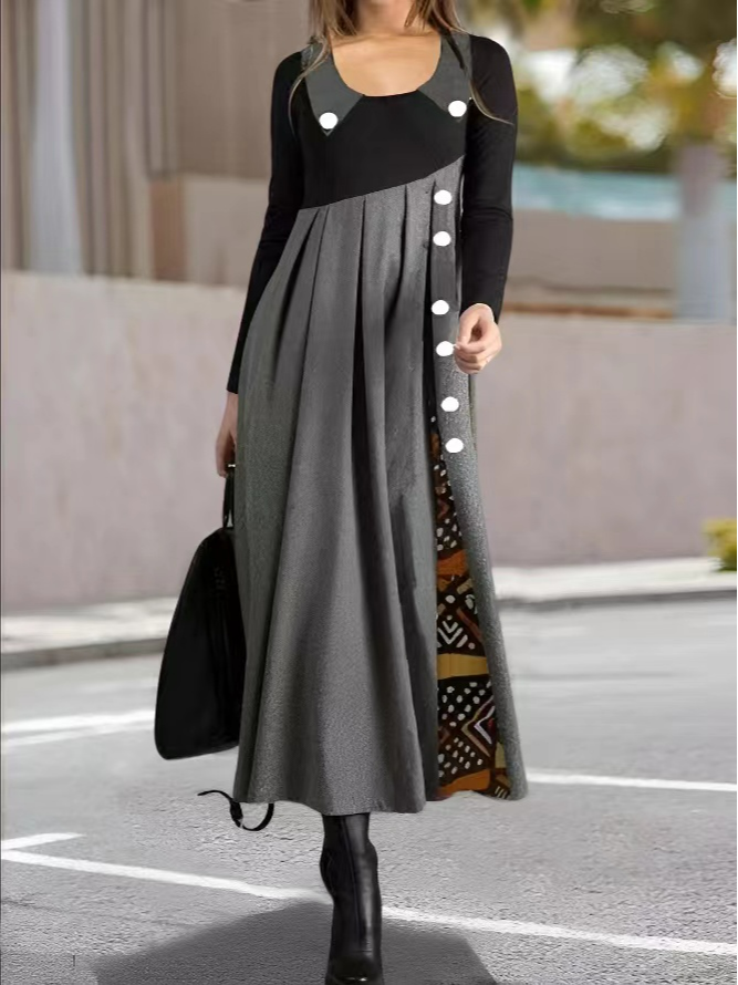 Casual Color Block Crew Neck Dress