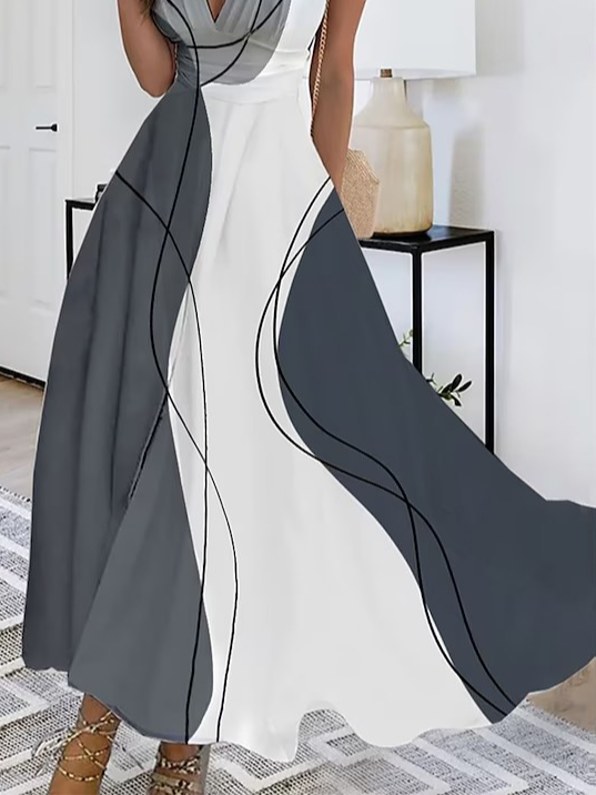 Elegant Abstract Stripes V Neck Dress With No