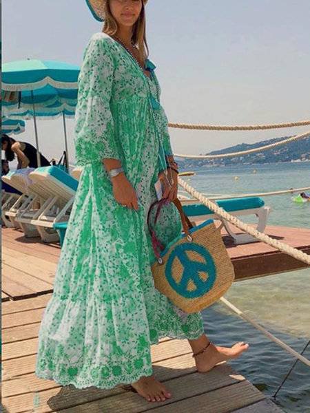 Cotton-Blend Holiday V Neck Weaving Dress