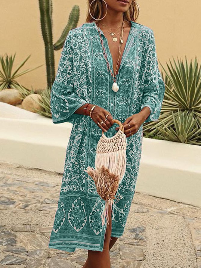 V Neck Women Summer Weaving Dress Shift Floral-Print Floral Weaving Dress