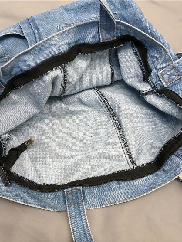 Casual Plain Denim Distressed Multi-Pocket Tote Shoulder Bag Everyday Urban