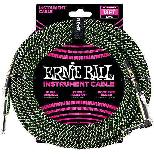 Ernie Ball 18' Straight to Angle Braided Instrument Cable Neon Green