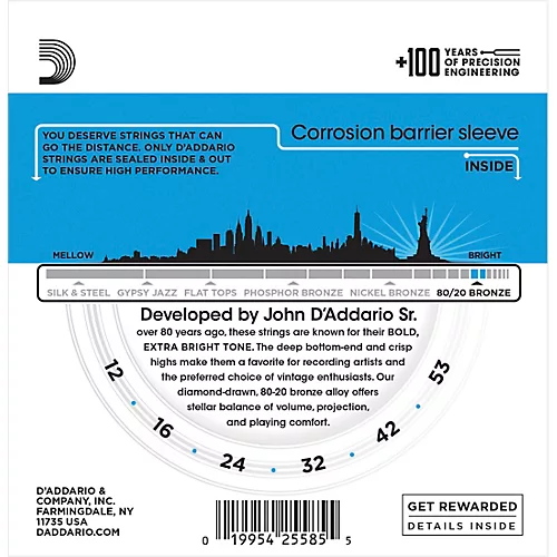 D'Addario EJ11-3D 80/20 Bronze Light Acoustic Guitar Strings 3-Pack