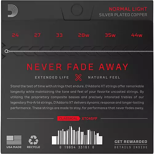 D'Addario XT Silver-Plated Copper Dynacore Classical Guitar Strings, Normal Tension, Light 24-44w