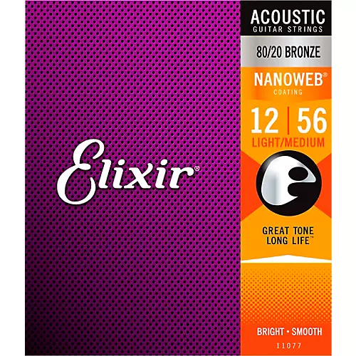 Elixir 80/20 Bronze Acoustic Guitar Strings with NANOWEB Coating, Light/Medium (.012-.056)