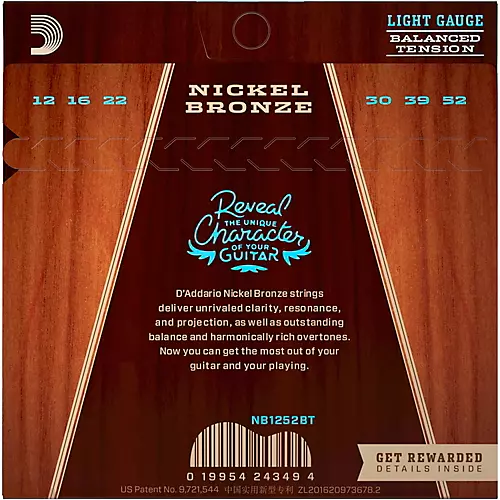 D'Addario NB1252BT Nickel Bronze Acoustic Guitar Strings - Balanced Tension Light 12 - 52