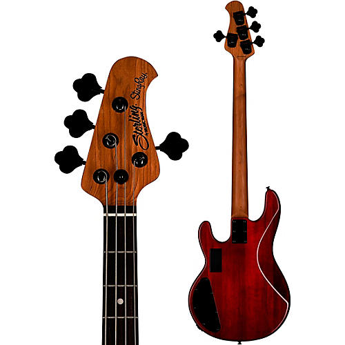 Sterling by Music Man StingRay RAY34 HH Spalted Maple Top Bass Blood Orange Burst