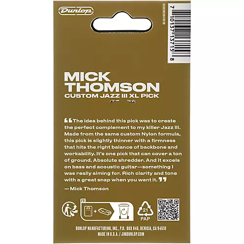 Dunlop Mick Thomson Custom Jazz III XL Nylon Guitar Picks 1.0 mm 6 Pack