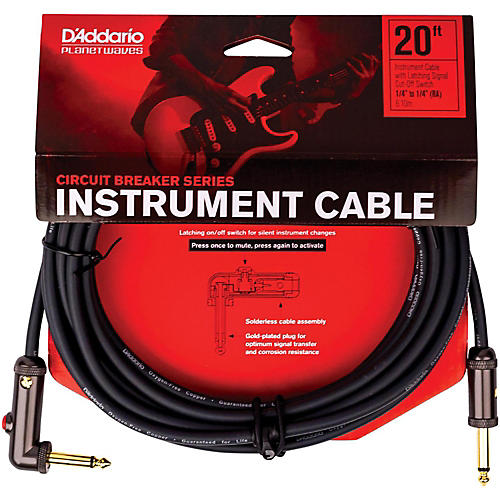 D'Addario Circuit Breaker Instrument Cable With Latching Cut-Off Switch, Right Angle Plug 10 ft. Black