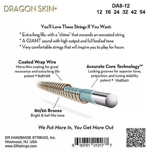 DR Strings Dragon Skin+ Coated Accurate Core Technology 6-String 80/20 Acoustic Guitar Strings 10 - 48