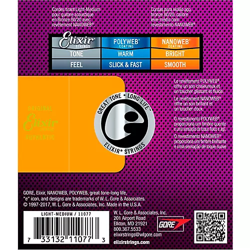 Elixir 80/20 Bronze Acoustic Guitar Strings with NANOWEB Coating, Light/Medium (.012-.056)