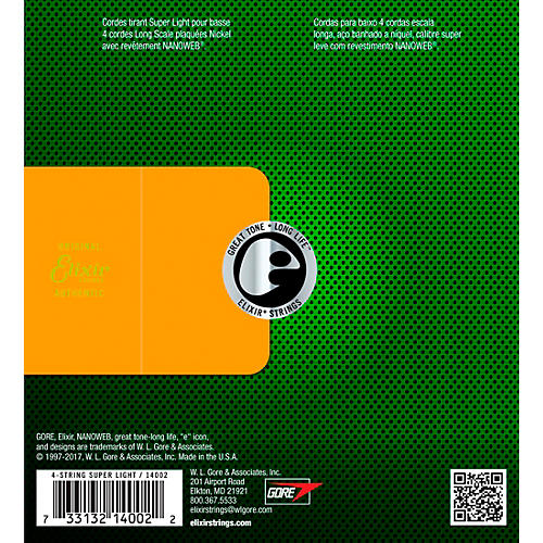Elixir Nickel-Plated Steel 4-String Bass Strings with NANOWEB Coating, Long Scale, Super Light (.040-.095)