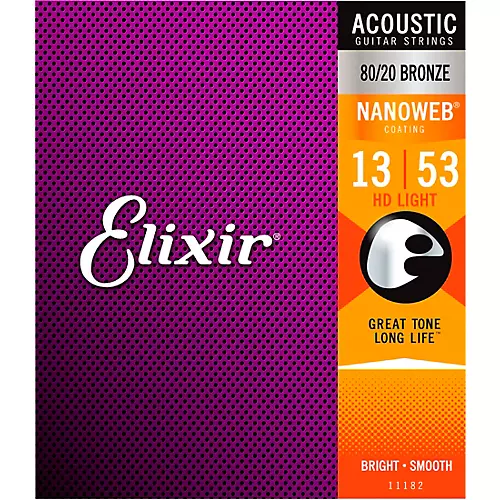Elixir 80/20 Bronze Acoustic Guitar Strings with NANOWEB Coating, HD Light (.013-.053)