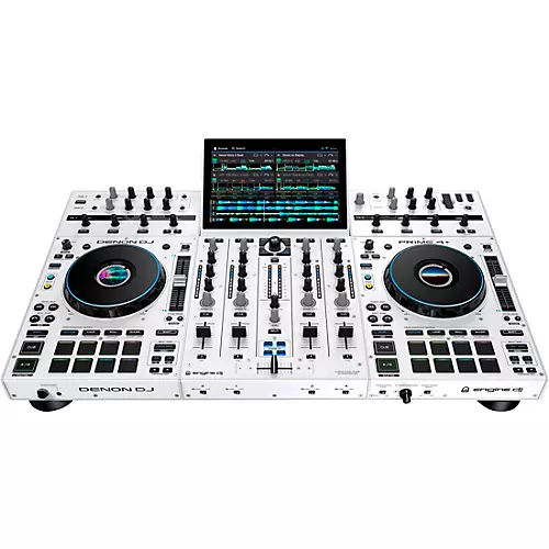 QSC KC12 Active 3-Way Column Speaker Pair With Denon Prime 4+ Standalone DJ Controller & Cables, White