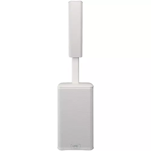 QSC KC12 Active 3-Way Column Speaker Pair With Denon Prime 4+ Standalone DJ Controller & Cables, White