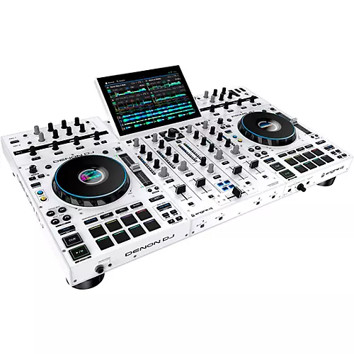 QSC KC12 Active 3-Way Column Speaker Pair With Denon Prime 4+ Standalone DJ Controller & Cables, White