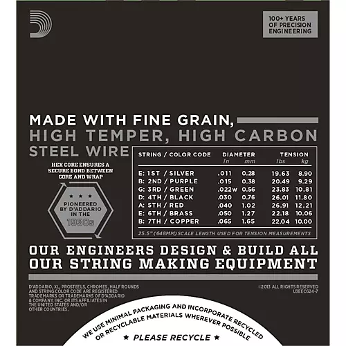 D'Addario ECG24-7 7-String Chrome Flat Wound Electric Guitar Strings