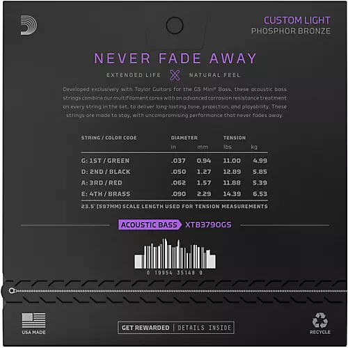 D'Addario XT Phosphor Bronze Bass Guitar Strings for Taylor GS Mini Bass, Custom Light, 37-90