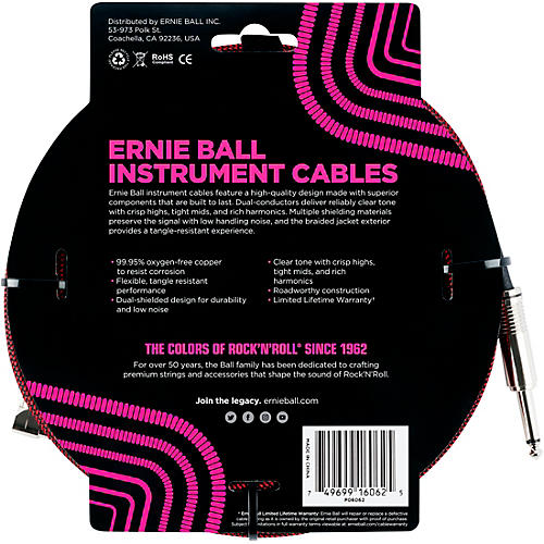Ernie Ball 25 FT Straight to Angle Instrument Cable Black/Black