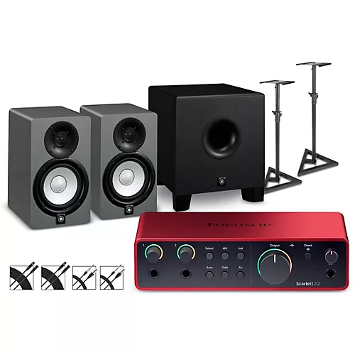 Focusrite Scarlett 2i2 Gen 4 With Yamaha HS Studio Monitor Pair & HS8S Subwoofer Bundle (Stands & Cables Included) HS8 SG