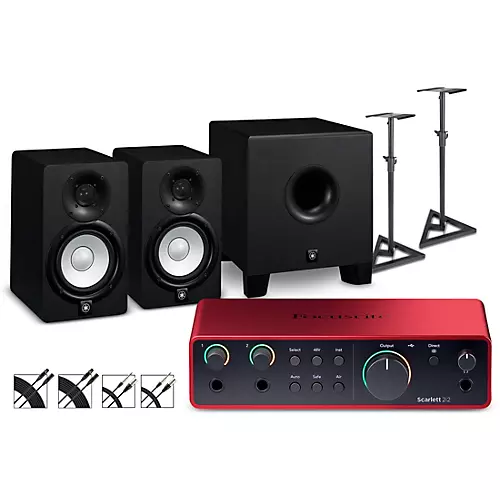 Focusrite Scarlett 2i2 Gen 4 With Yamaha HS Studio Monitor Pair & HS8S Subwoofer Bundle (Stands & Cables Included) HS8 SG
