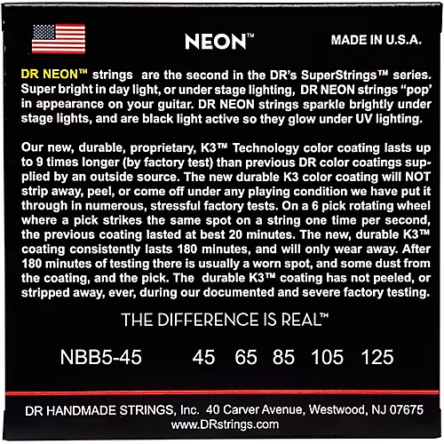 DR Strings Hi-Def NEON Blue Coated Medium 5-String (45-125) Bass Guitar Strings