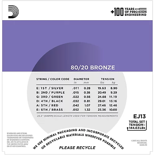 D'Addario EJ13 80/20 Bronze Custom Light Acoustic Guitar Strings