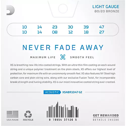 D'Addario XS Acoustic 80/20 Bronze Coated Guitar Strings, 12-String Light (10-47)