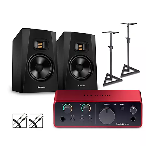 Focusrite Scarlett Solo Gen 4 with Adam Audio T-Series Studio Monitor Pair Bundle (Stands & Cables Included) T8V