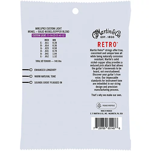 Martin Retro Acoustic Strings With Monel Wrap Wire 3-Pack Light (12-54)