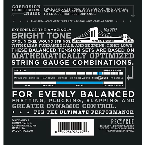 D'Addario EXL160BT Balanced Tension Long Scale Electric Bass String Set (50-120) 2 Pack