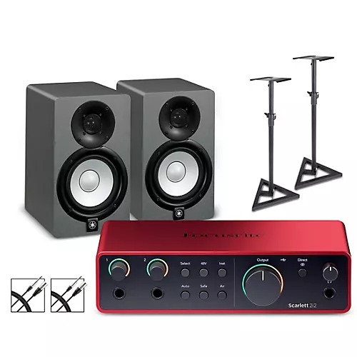Focusrite Scarlett 2i2 Gen 4 with Yamaha HS Studio Monitor Pair Bundle (Stands & Cables Included) HS8