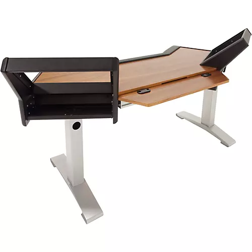 Argosy Halo Desk with Black End Panels, Mahogany Surface, and Silver Legs