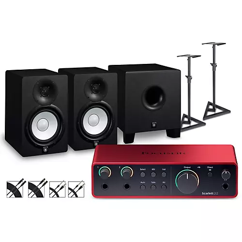 Focusrite Scarlett 2i2 Gen 4 With Yamaha HS Studio Monitor Pair & HS8S Subwoofer Bundle (Stands & Cables Included) HS8 SG