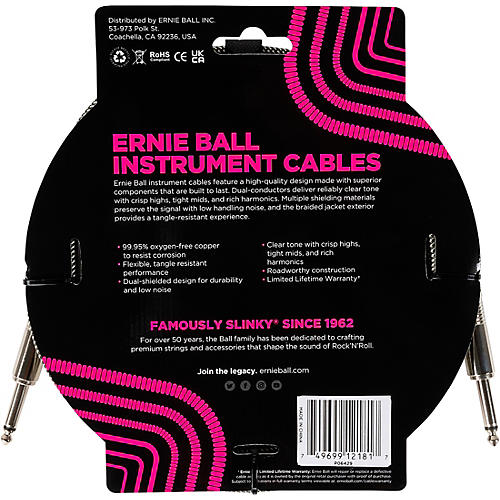 Ernie Ball Braided Instrument Cable Straight/Straight 18 ft. Silver Fox