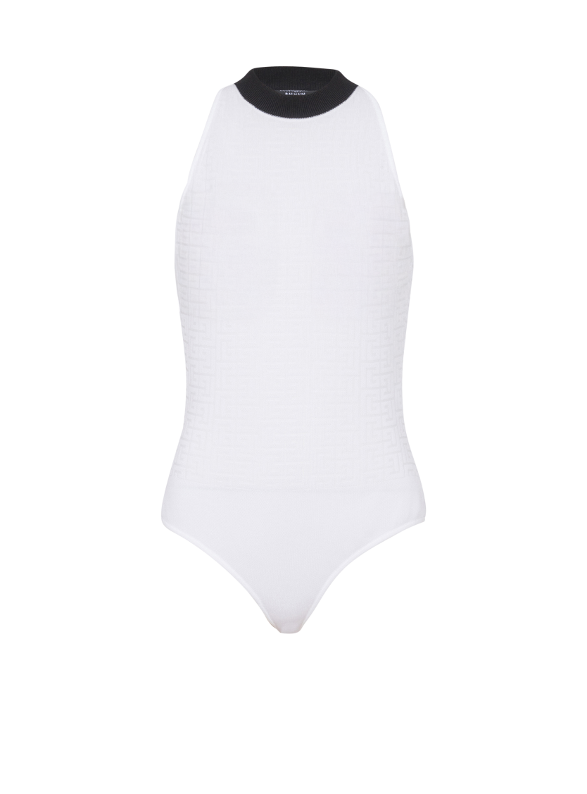 Two-tone monogrammed knit bodysuit