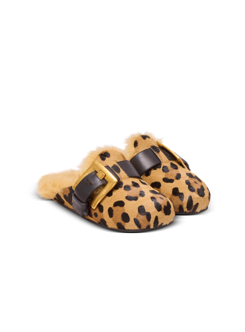 Anthem leopard print ponyskin leather and faux fur mules