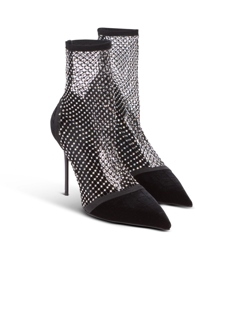 Mesh heeled ankle boots with velvet and rhinestones
