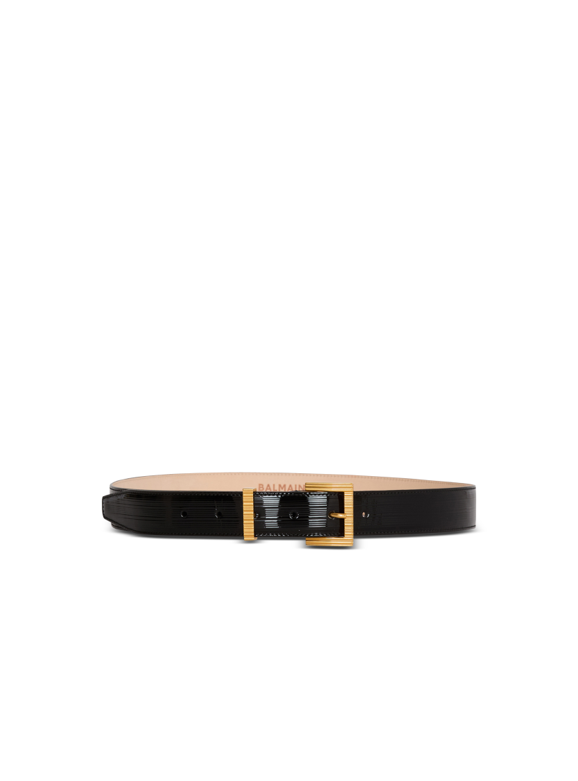 Perfume belt in striped patent leather
