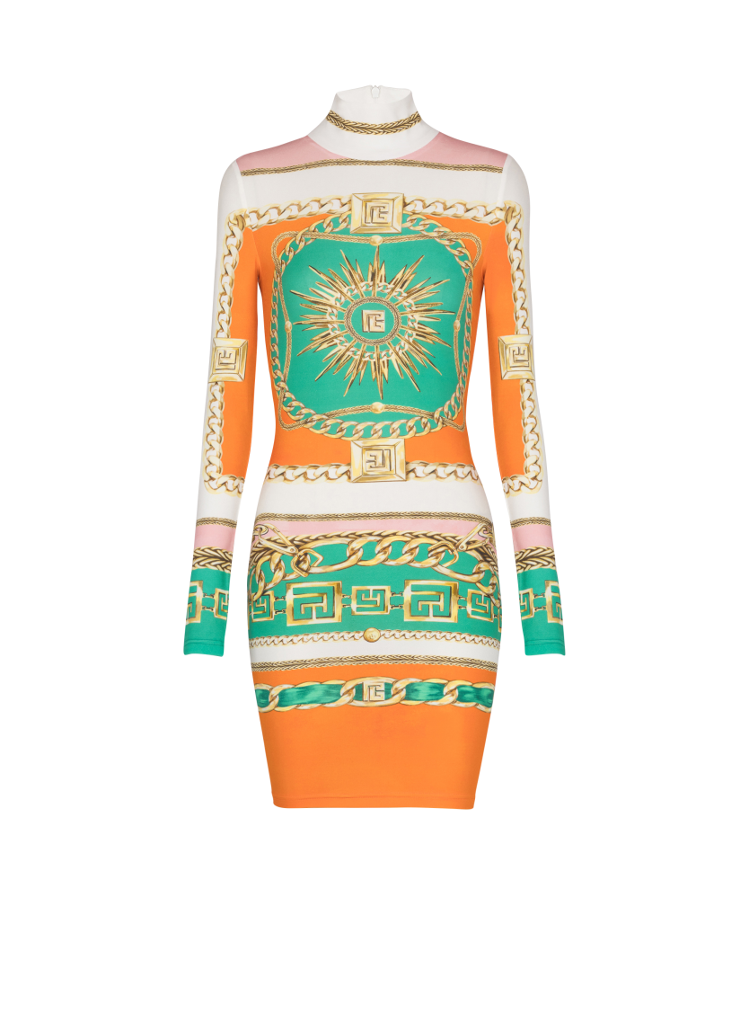 Short printed bodycon dress with Balmain Foulard pattern