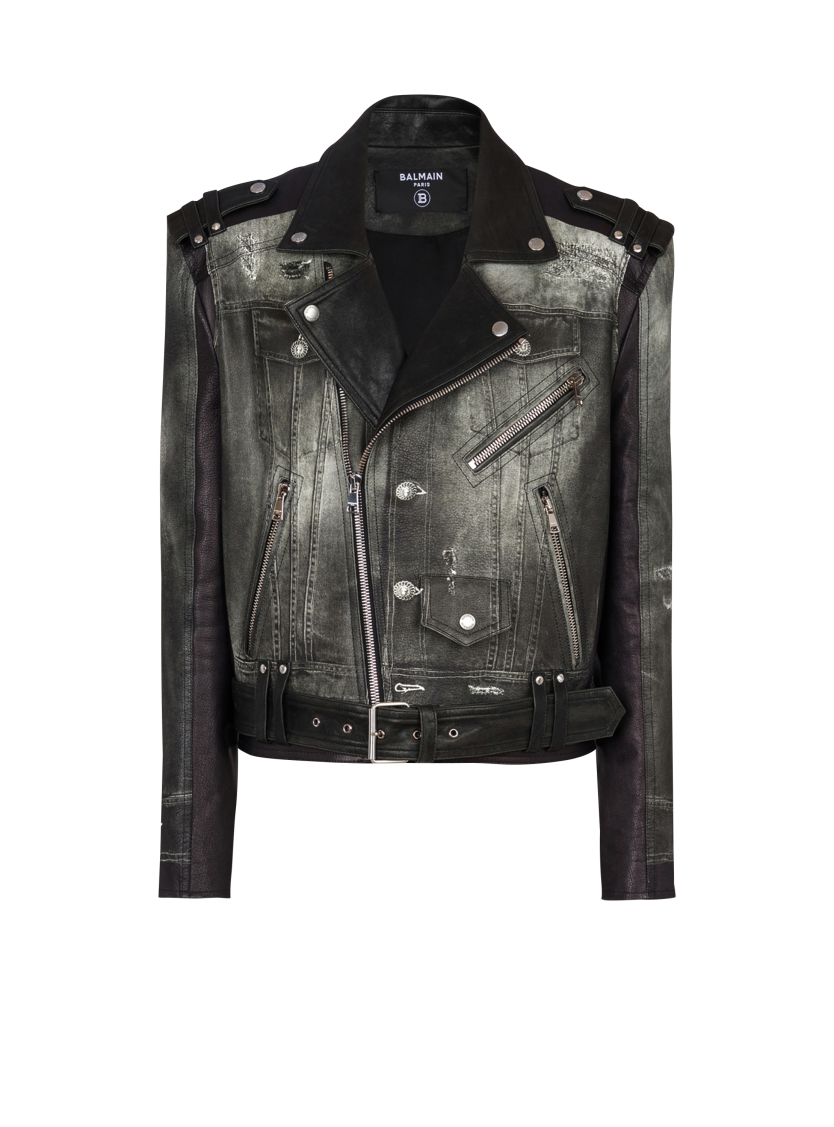 Leather biker jacket with denim print