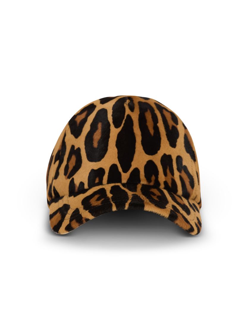 Ponyskin-style leather cap with leopard pattern
