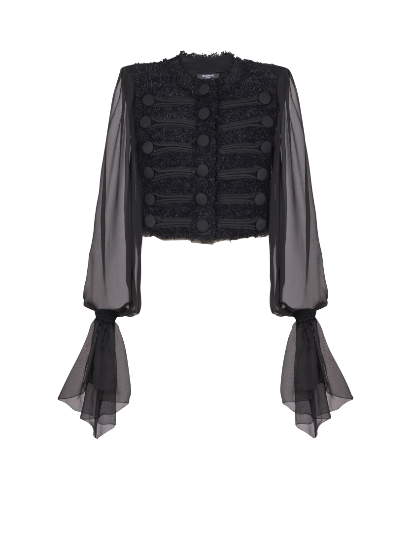Edge-to-edge tweed and chiffon jacket