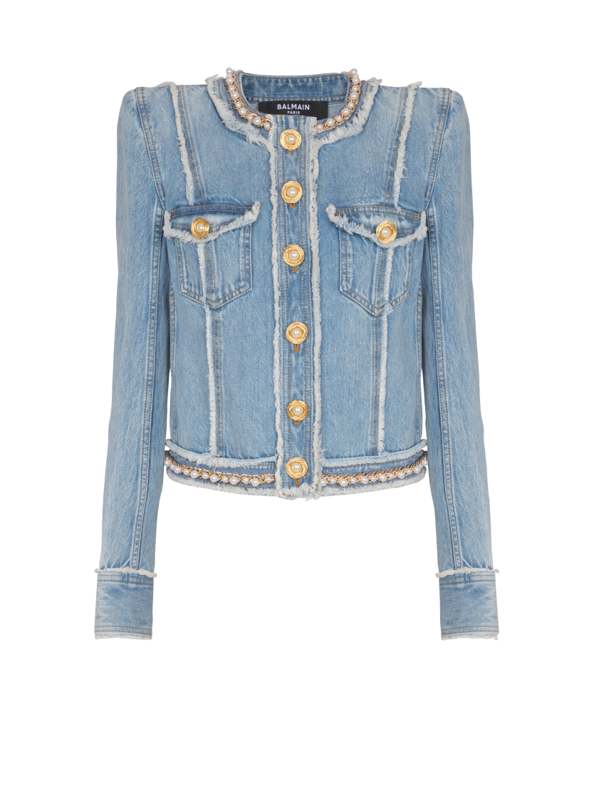 Denim jacket with pearl trim