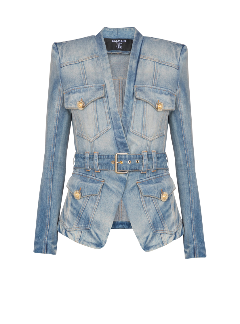 1-button belted denim jacket