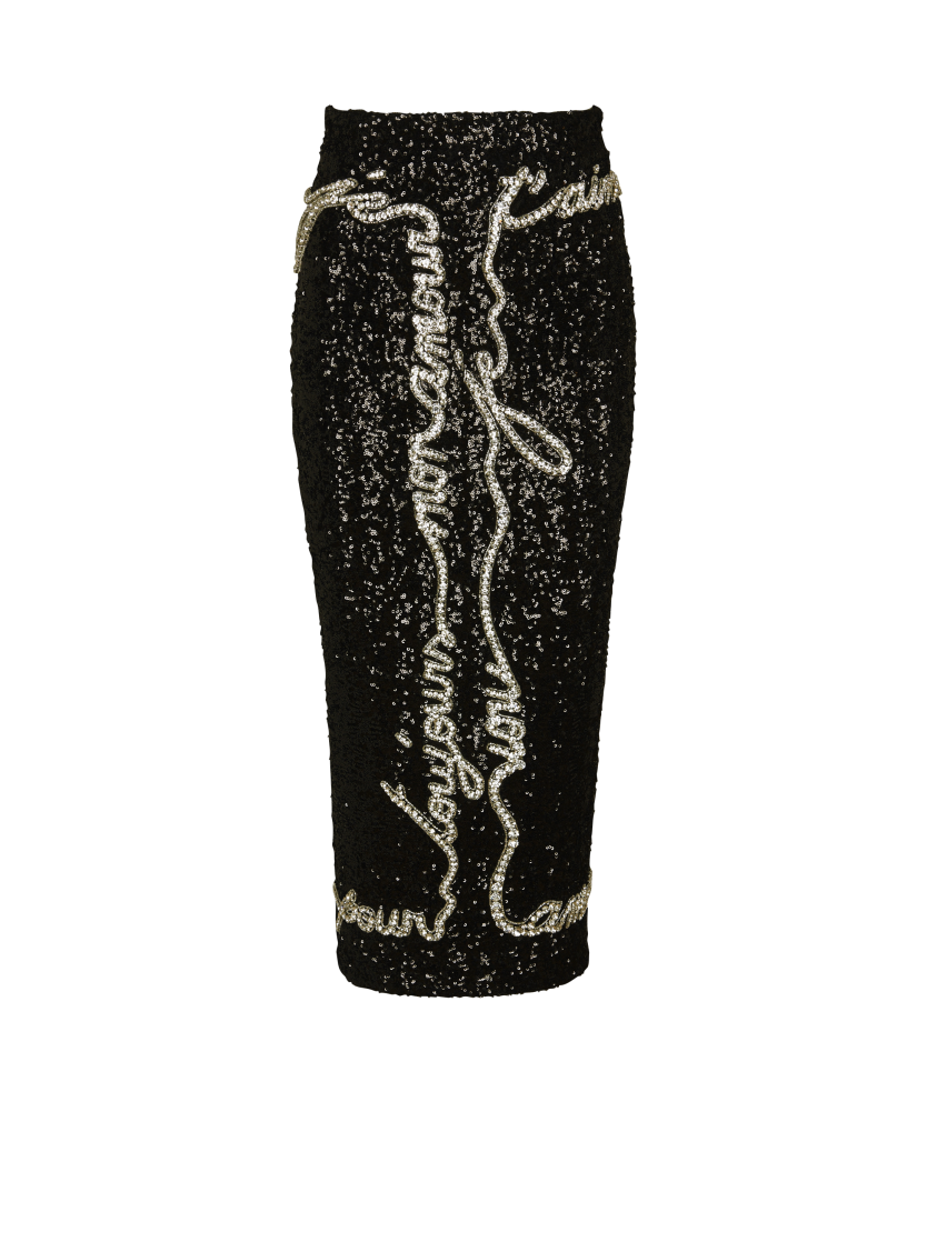 Sequin midi skirt with "Love Letter" embroidery